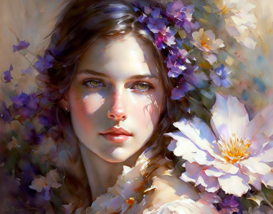 Young woman with intense blue eyes among white and purple flowers in a romantic setting