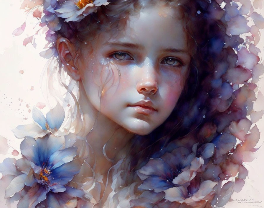 Young Girl with Flowers in Hair, Soft Hues & Dreamy Quality