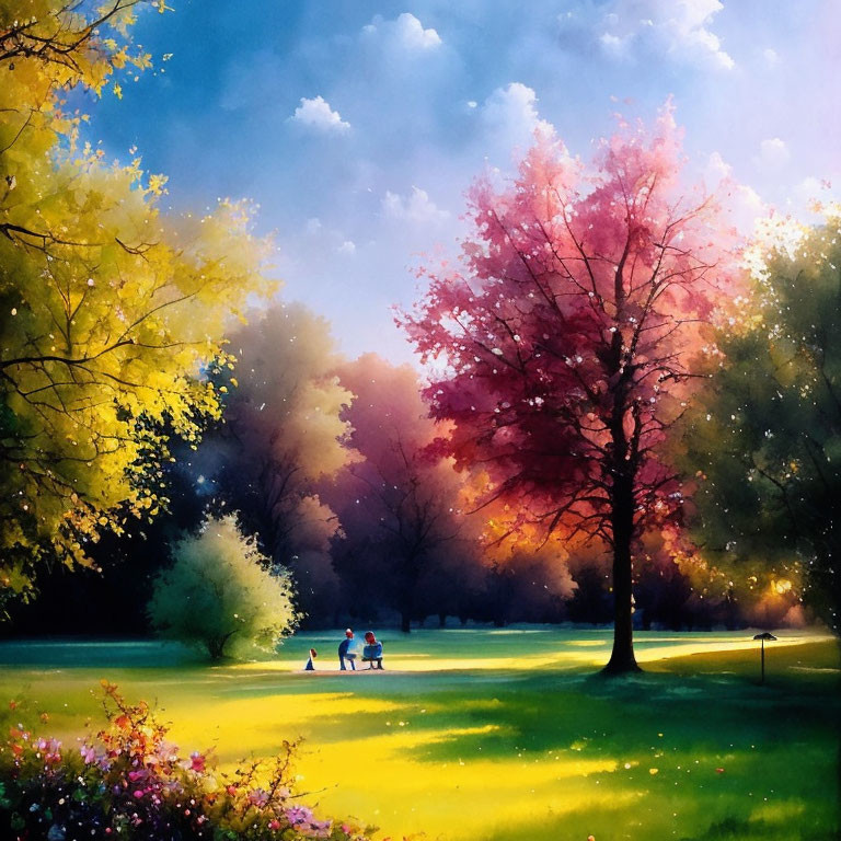 Colorful park painting with vibrant trees and walking figures