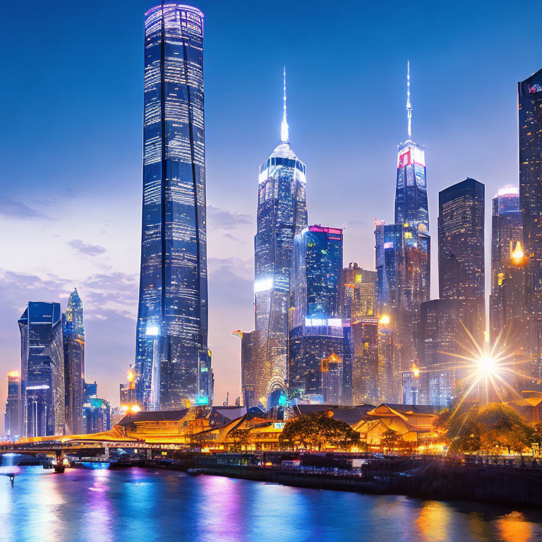 Urban skyline at twilight with waterfront skyscrapers reflecting lights on water