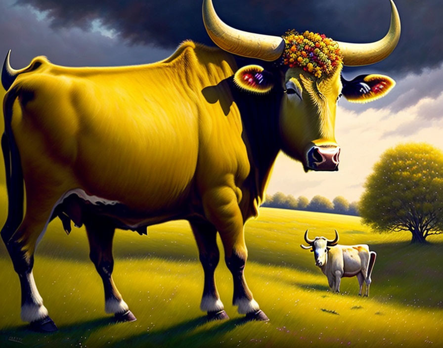 Colorful painting of golden bull with floral horns in field under stormy sky