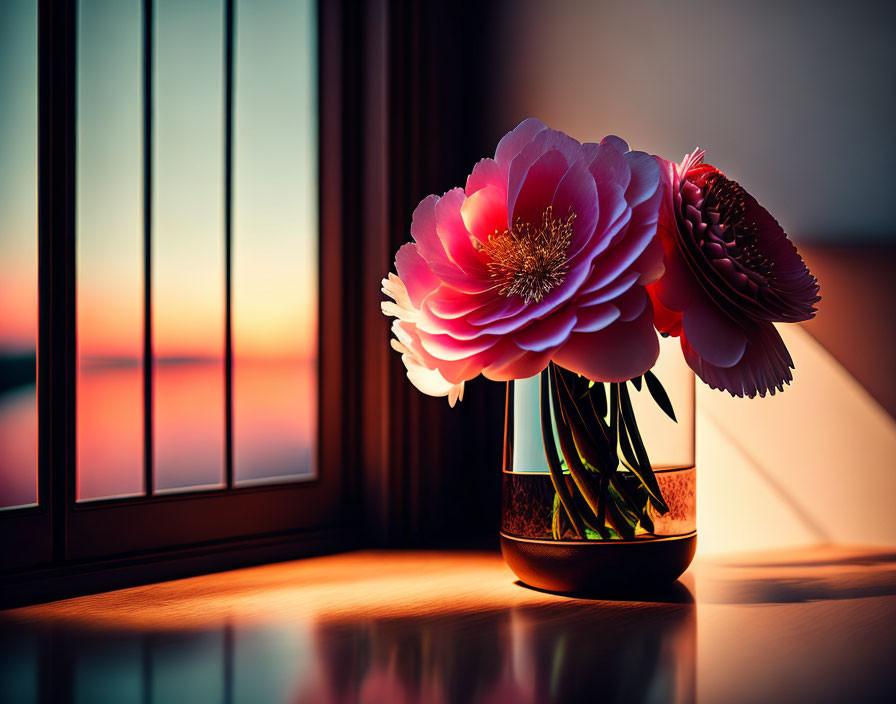 Pink Flowers in Clear Vase by Window with Sunset Sky View