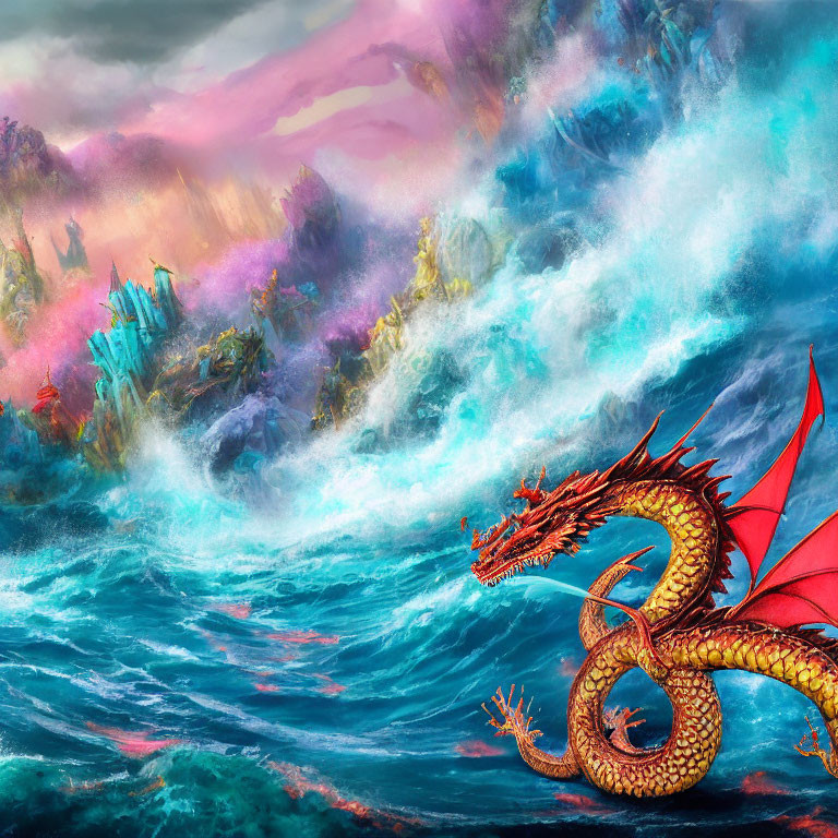 Majestic red dragon flying over vibrant seas and misty cliffs