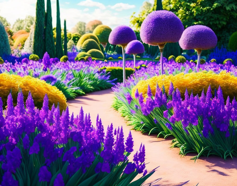 Colorful Garden Path with Purple and Yellow Plants and Mushroom Topiaries