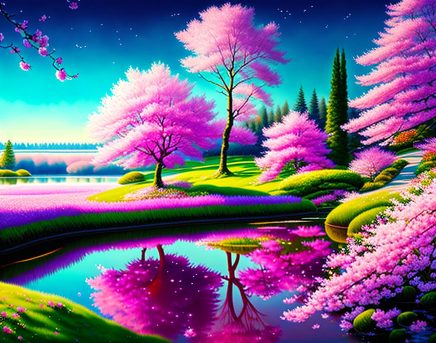 Scenic landscape with pink cherry blossoms, reflecting water, lush grass, colorful sky