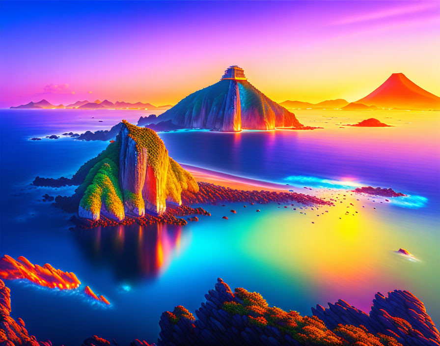 Colorful illuminated islands in surreal landscape at dusk.