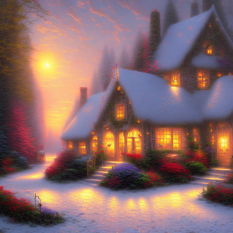 Snowy Twilight Scene: Cozy Cottage with Illuminated Windows