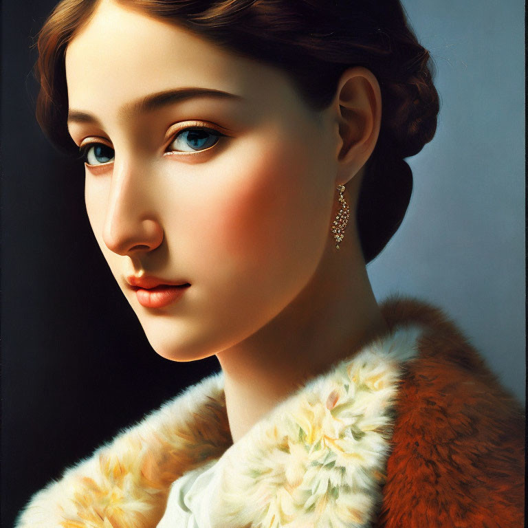 Portrait of a young woman with fair skin and blue eyes wearing a fur coat