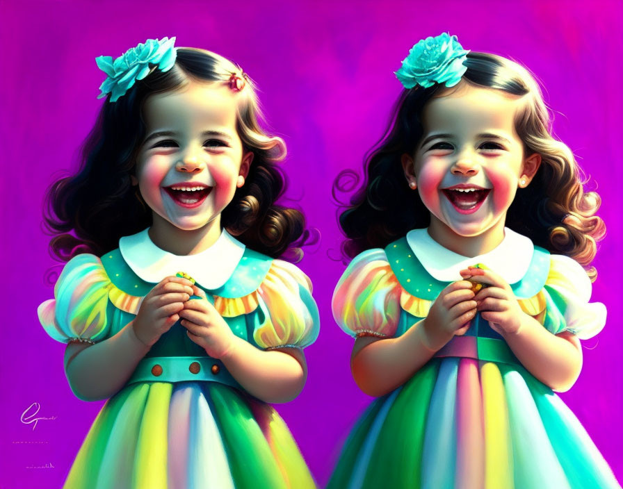 Smiling girls with blue flowers in hair, colorful dresses on purple background