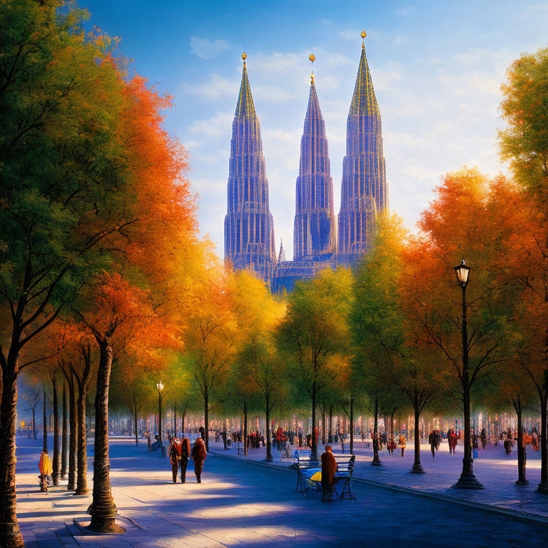 Majestic cathedral overlooking tree-lined promenade on a sunny autumn day