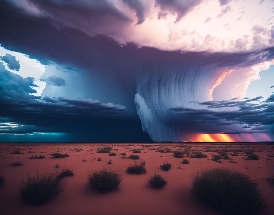 Dramatic storm cloud over desert with sunset colors