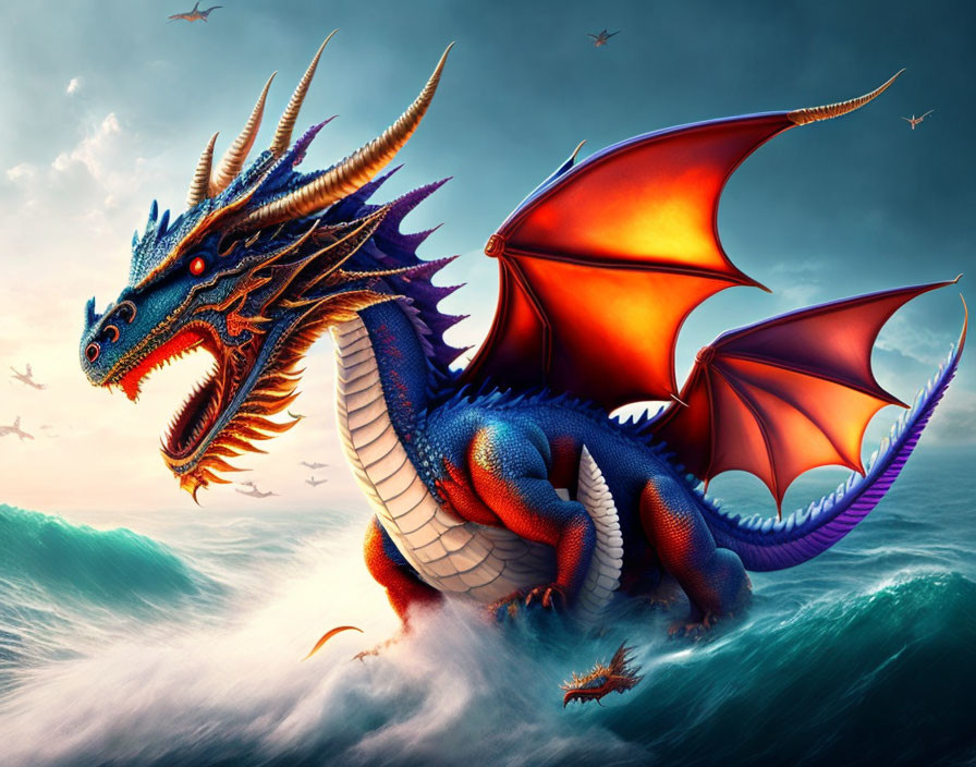 Blue-Scaled Dragon with Orange Wings on Rock in Turbulent Ocean