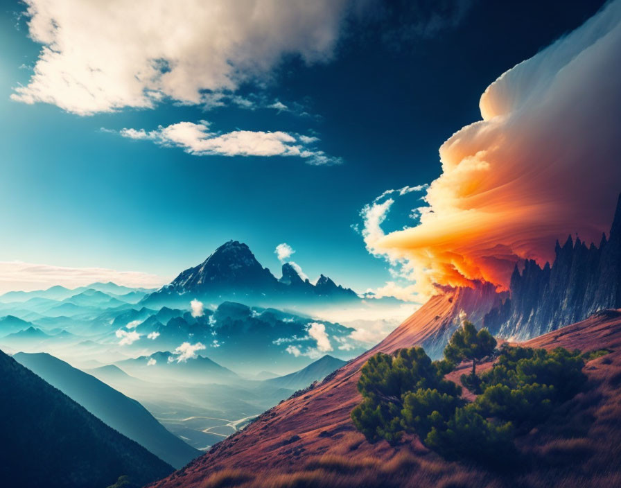 Vibrant sunset over layered mountains and colorful sky