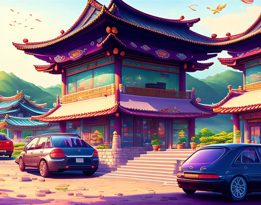 Traditional Asian temple surrounded by modern cars against scenic backdrop