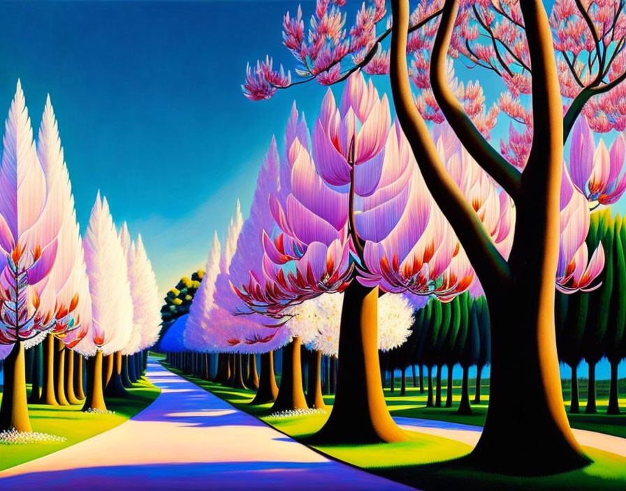 Vibrant painting of tree-lined pathway with pink and white blossoms