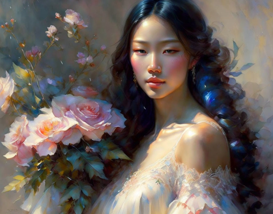 Ethereal woman portrait with pink roses in dreamlike style