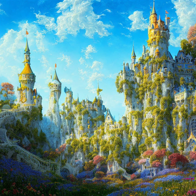 Colorful Castle Surrounded by Lush Foliage and Flowers