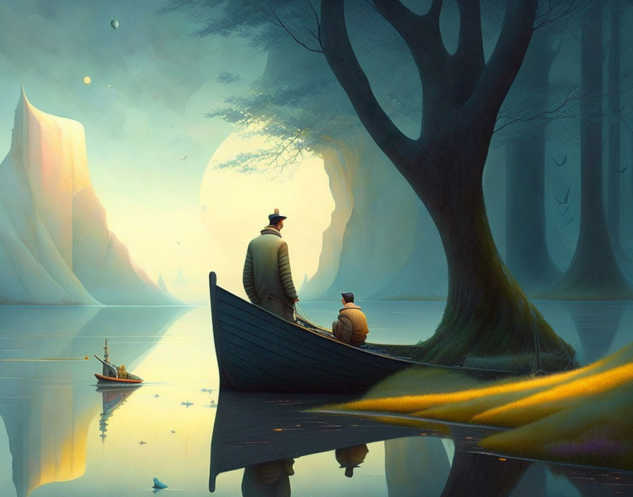 Serene lake with two individuals in a boat surrounded by trees and cliffs