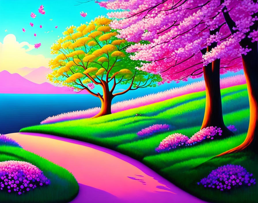 Colorful Landscape with Cherry Blossom Tree, Golden Tree, Path, Hills, Flowers, and Mountains