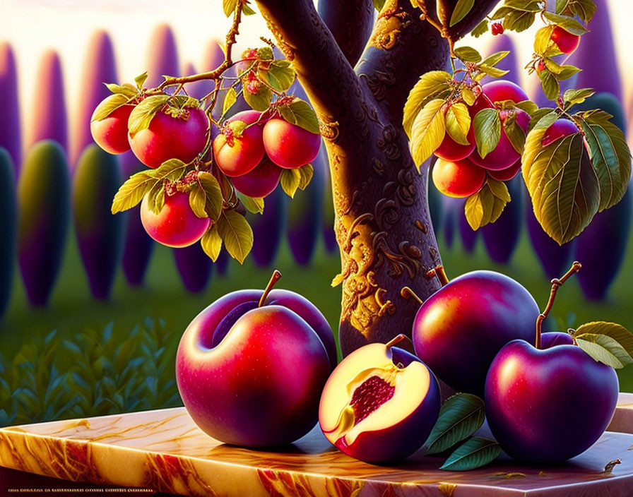 Colorful illustration of ripe red apples in whimsical orchard setting