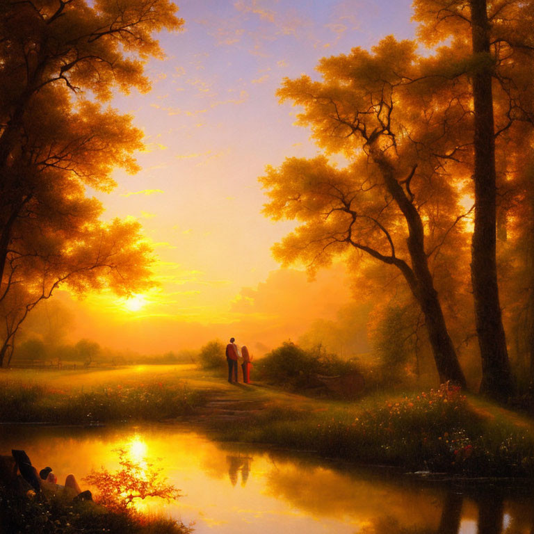 Romantic couple by tranquil stream at sunset with glowing trees and flowers.