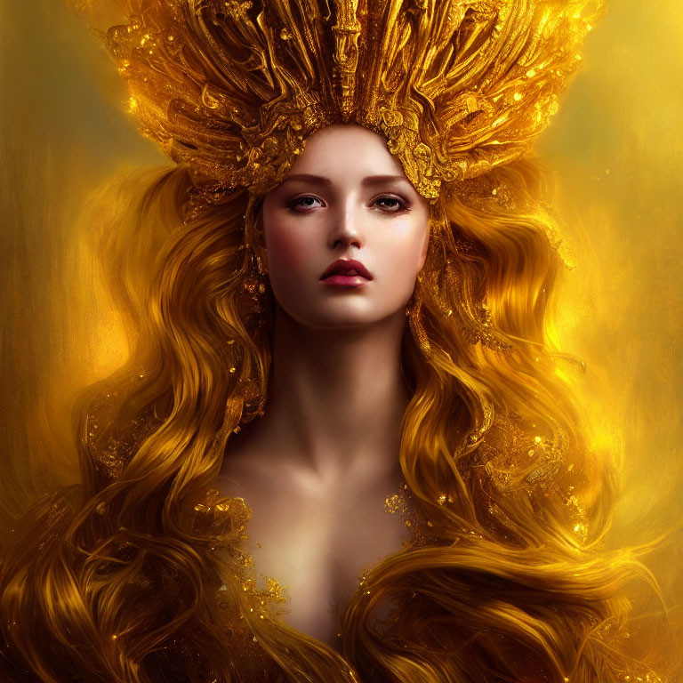 Golden-haired woman with intricate gold headdress and ethereal aura.