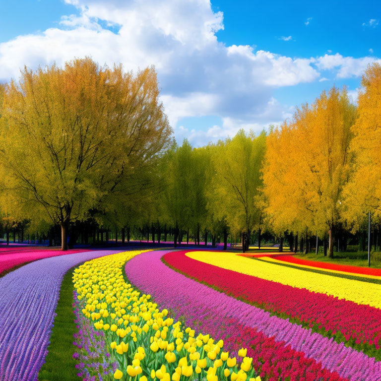 Colorful Tulip Field Surrounded by Trees