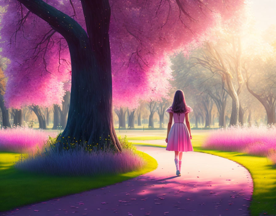 Girl in Pink Dress Strolling Through Sunlit Park with Purple Flowers