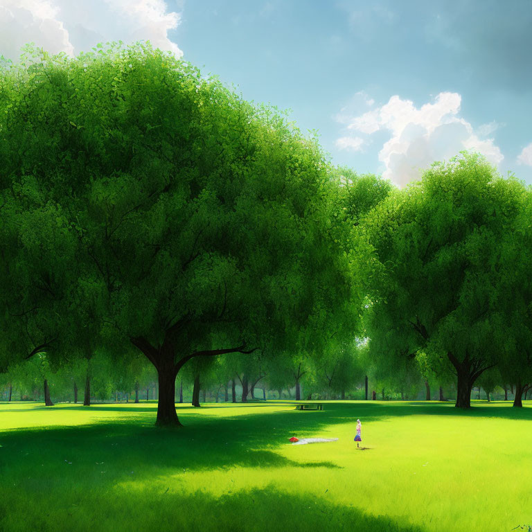 Serene park scene with lush greenery and figure in red attire