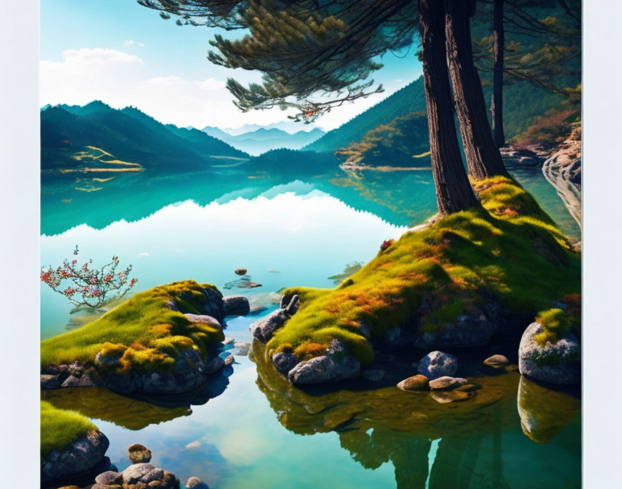 Tranquil Lake Reflecting Hills, Trees, and Rocks