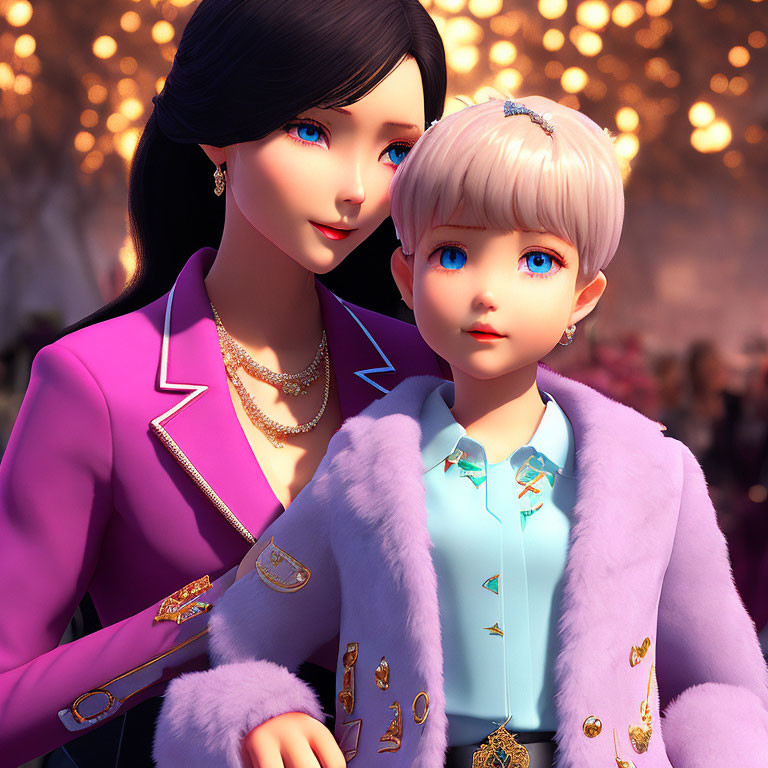 Adult and child animated characters in stylish attire with black and blond hair on bokeh light backdrop