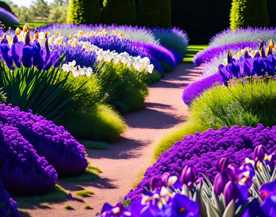 Lush Purple Flowers and Blooming Tulips in Vibrant Garden Path