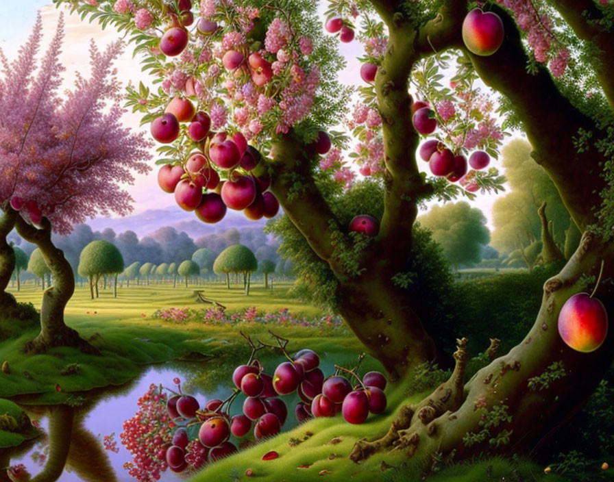 Landscape with oversized red apples, pink blossoms, river, and greenery