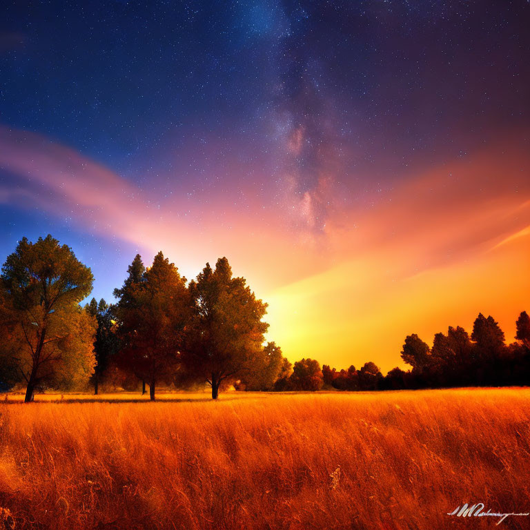 Starry Night Sky over Golden Field and Silhouetted Trees