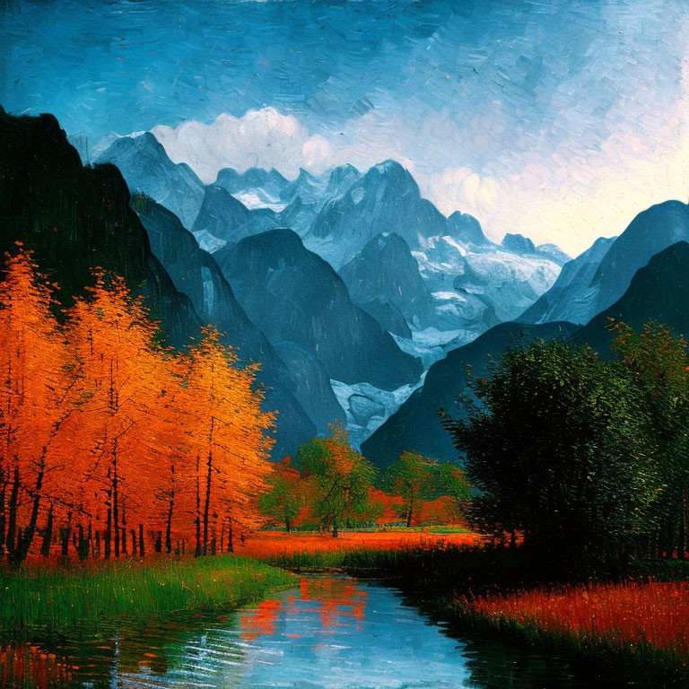 Mountainous Autumn Landscape with Fiery Trees and River in Painting