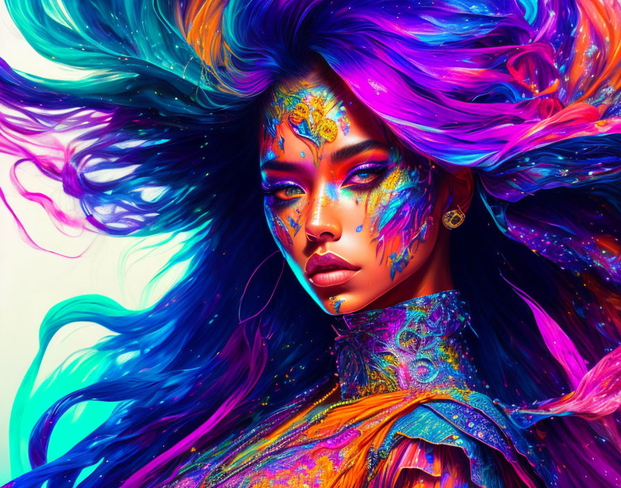 Colorful digital artwork: Woman with multicolored hair and tribal face paint