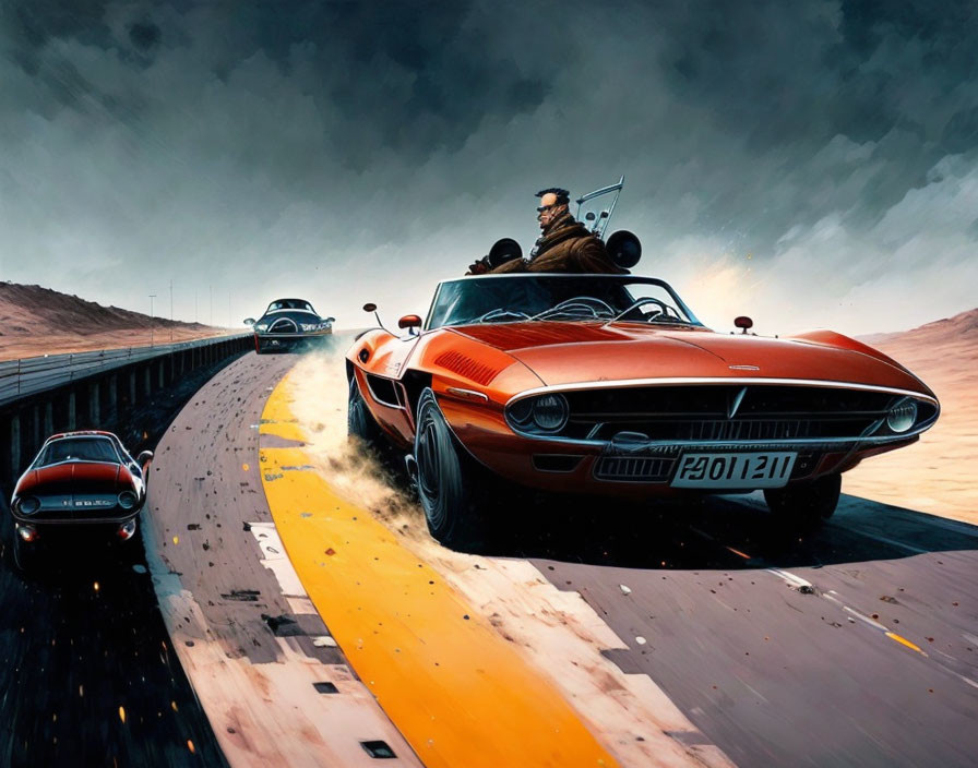 Person in suit driving classic orange car on curvy road with vintage cars under dramatic sky