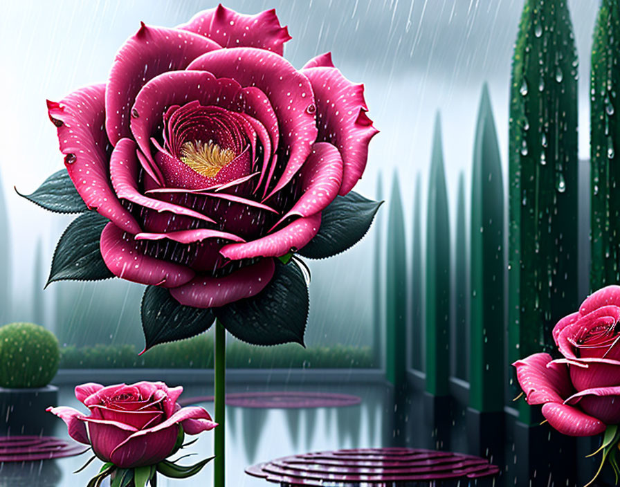 Vibrant red rose with raindrops in a rainy garden landscape