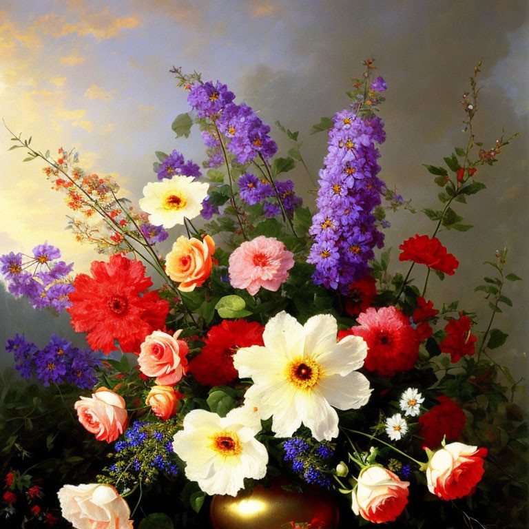 Vibrant bouquet featuring red, pink, white, and purple flowers in gold vase on moody