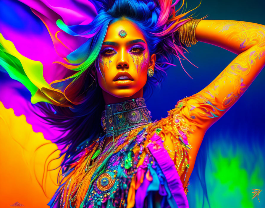 Colorful body paint woman with vibrant hair in fantasy setting