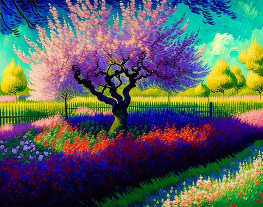 Colorful landscape painting with twisting tree and pink blossoms amidst vibrant fields and blue-green foliage.