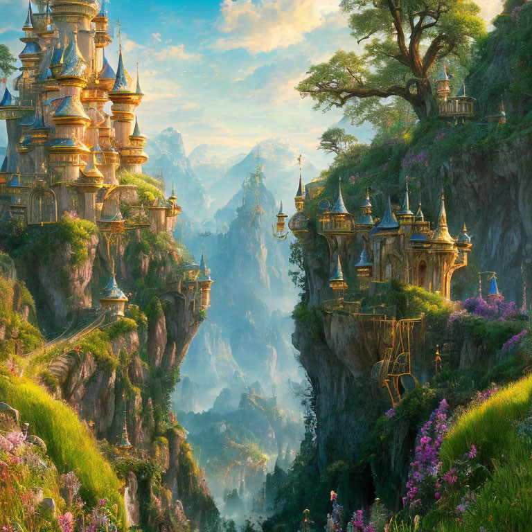 Golden castles on rugged cliffs surrounded by lush greenery and purple flowers under a warm sky