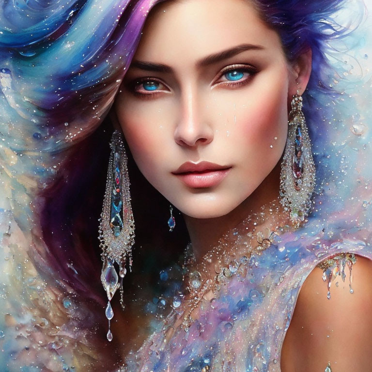 Vibrant digital portrait of woman with blue eyes and cosmic aura