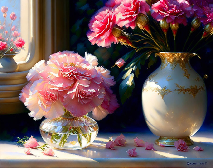 Pink carnations in white vase with gold accents on sunlit windowsill