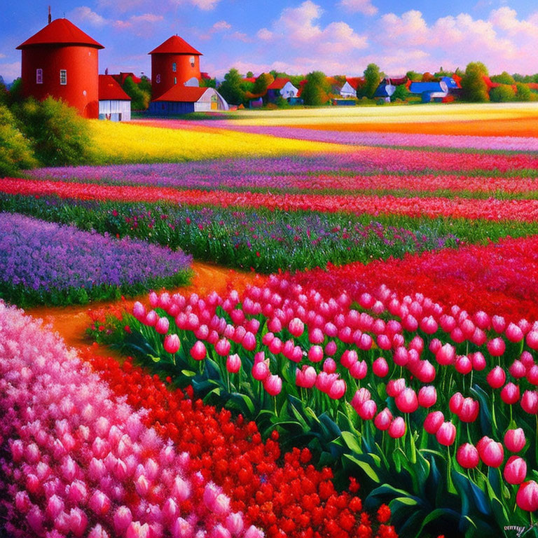 Colorful tulip field painting with red-roofed buildings and clear sky