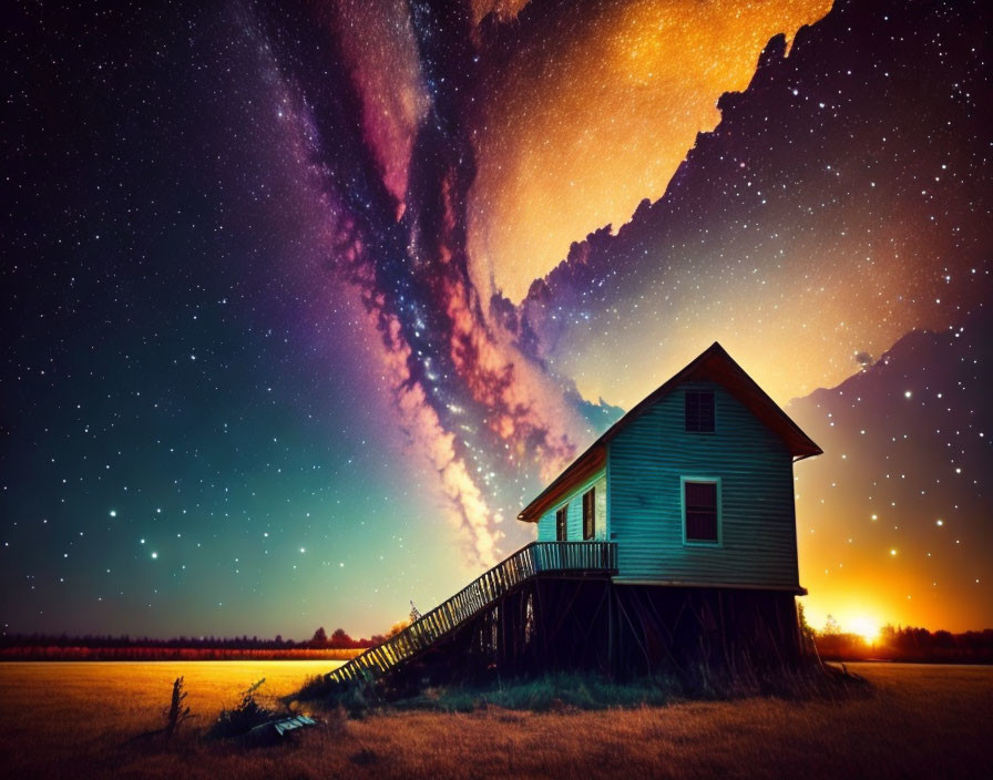 Stilted house under starry sky with Milky Way, twilight colors