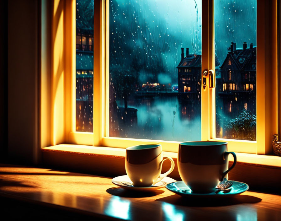 Two cups on windowsill with warm lighting overlooking rainy evening scene.