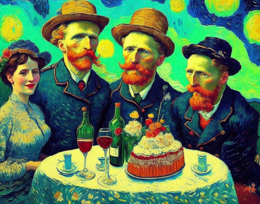 Vintage Attire Group Sitting at Table with Cake and Wine in Van Gogh-Inspired Style