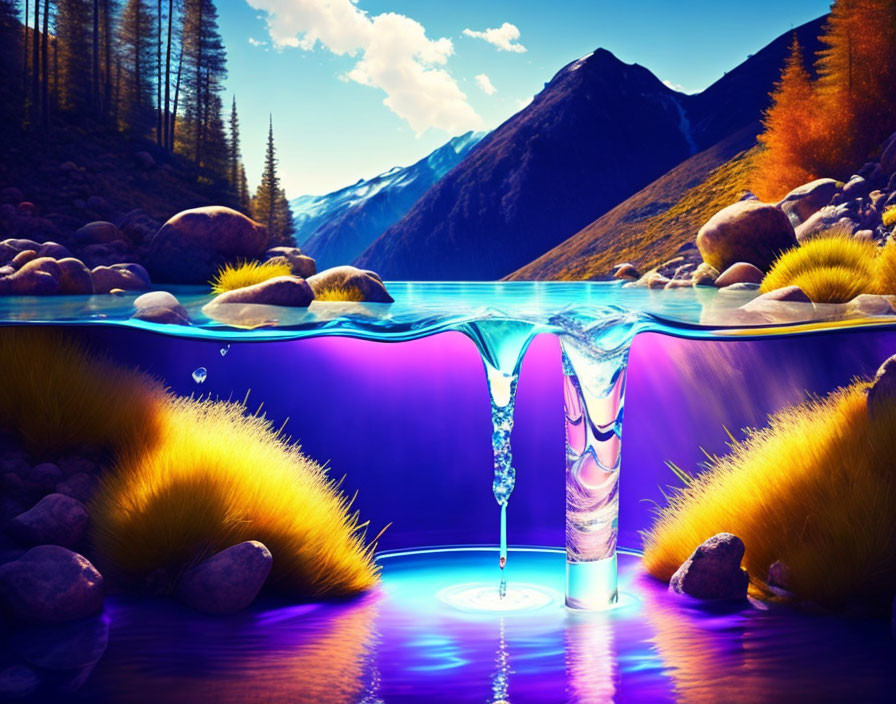 Underwater mountain landscape with hourglass and flowing water