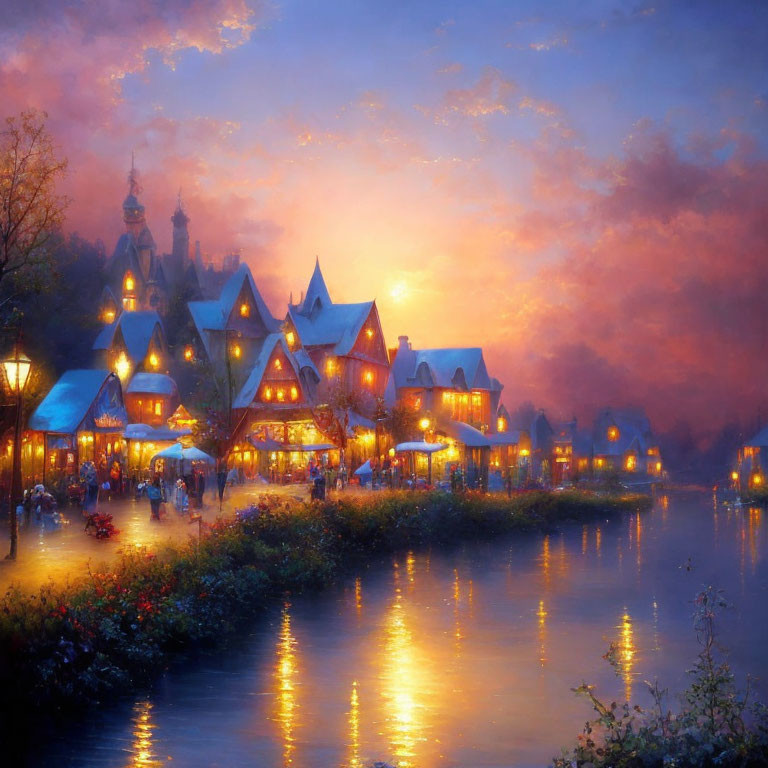 Tranquil river village at dusk with warmly lit houses